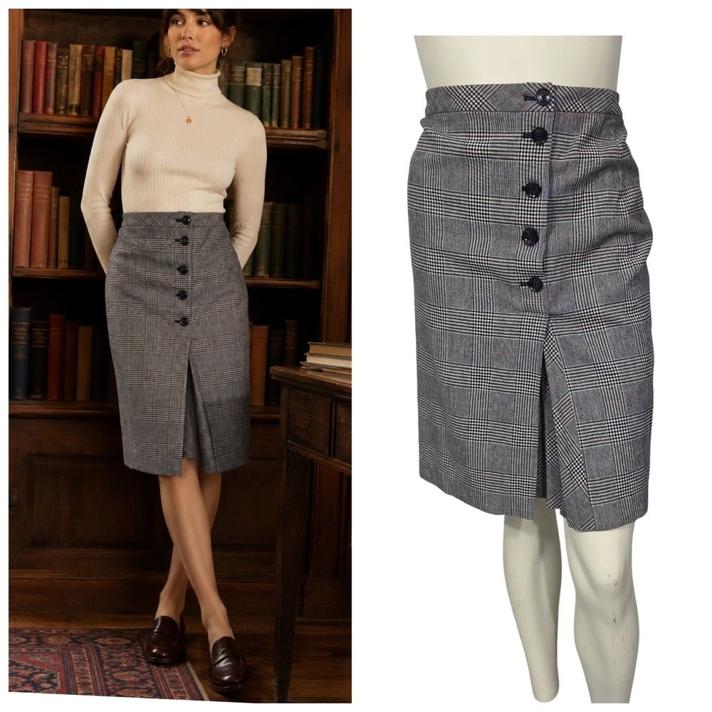 Banana Republic Womens 4 Grey Plaid Wool Blend pencil skirt classic academia